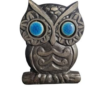 Vintage Cast Iron Owl Napkin Letter Holder Blue Eyes Made in Taiwan Desk Decor